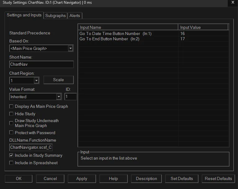 The study’s settings: the Control Bar button numbers for Go To Date Time and Go To End
